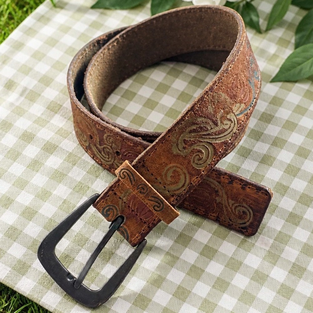 Vintage Brown Genuine Leather Embossed Boho Floral Western Belt Womens Small